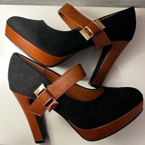 black/ brown velcro strap suede heels